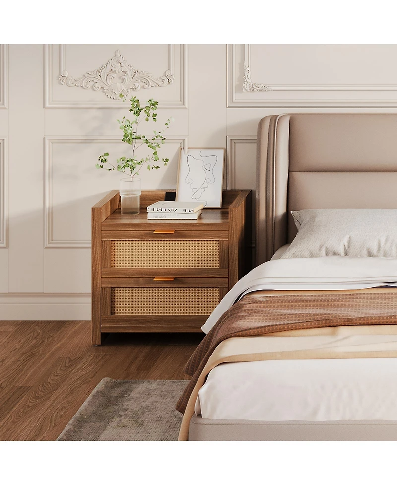 homfan Farmhouse Nightstand Set of 2 with Charging Station, 2 Rattan Storage Drawers End Table for Bedroom and Living Room