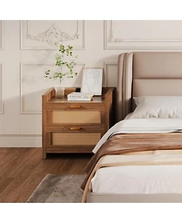homfan Farmhouse Nightstand Set of 2 with Charging Station, 2 Rattan Storage Drawers End Table for Bedroom and Living Room