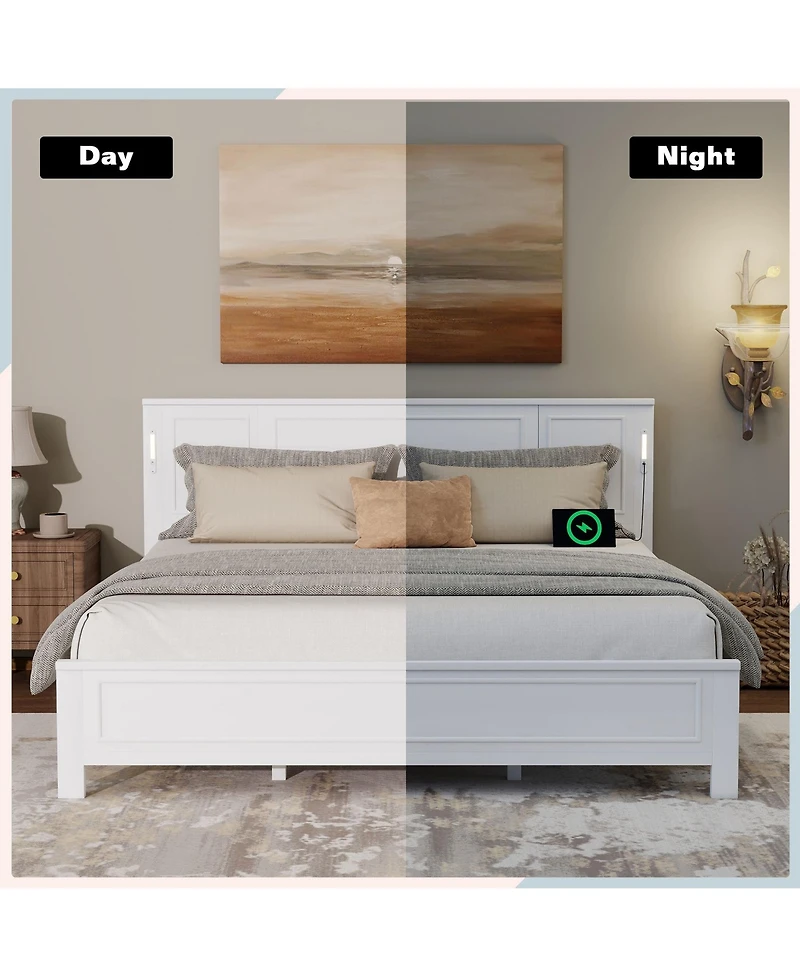 Clihome King Size Bed with Tall-Panel Headboard and Footboard, Built-in Led Lights, Usb Charging Station