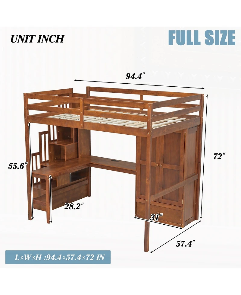 Clihome Full Loft Wood Bed with Desk, Book shelves and Wardrobe Doors Drawer