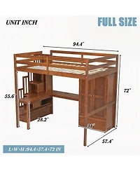 Clihome Full Loft Wood Bed with Desk, Book shelves and Wardrobe Doors Drawer