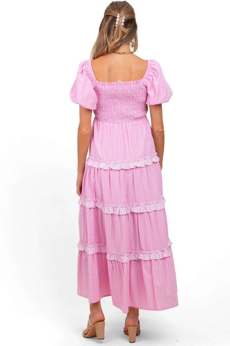Pinkblush Maternity Pink Smocked Ruffle Tiered Puff Sleeve Maxi Dress