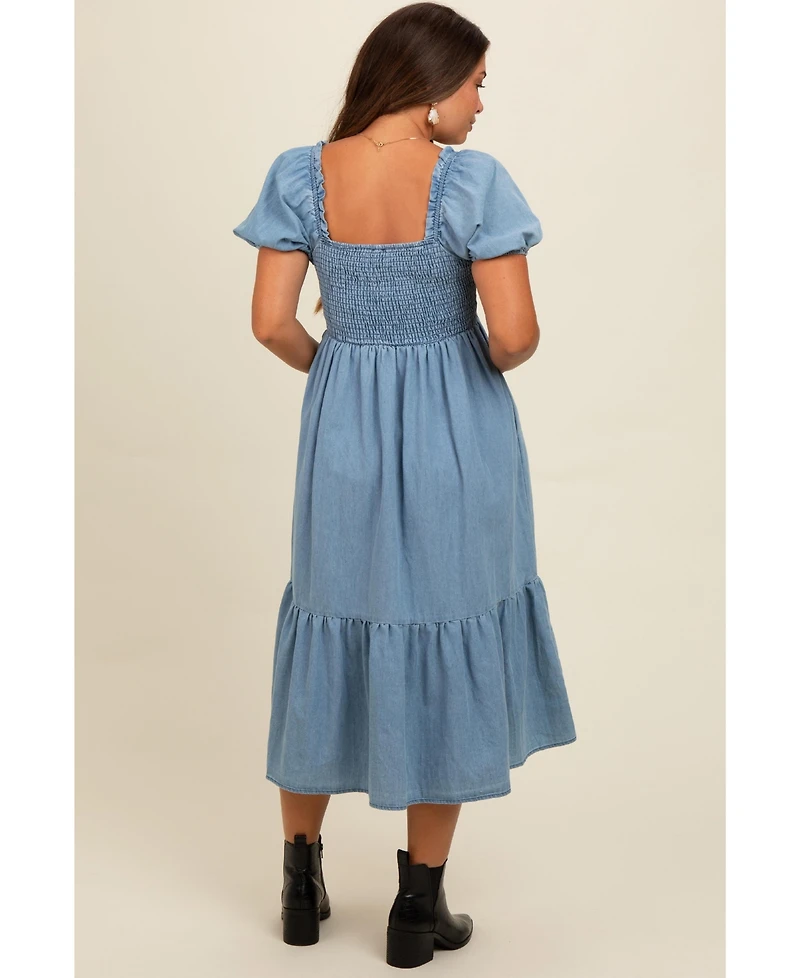Pinkblush Maternity Light Blue Vintage Wash Chambray Smocked Midi Dress