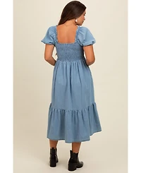 Pinkblush Maternity Light Blue Vintage Wash Chambray Smocked Midi Dress