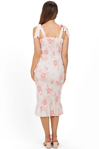 Pinkblush Maternity Peach Floral Shoulder Tie Fitted Midi Dress