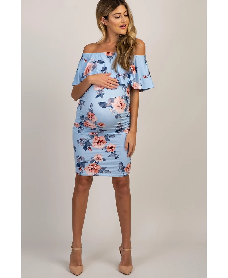 Pinkblush Maternity Light Blue Rose Print Ruffle Fitted Dress