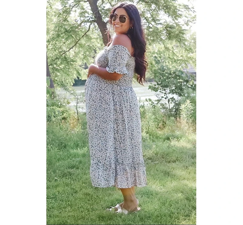 Pinkblush Maternity Light Blue Floral Ruffle Midi Dress