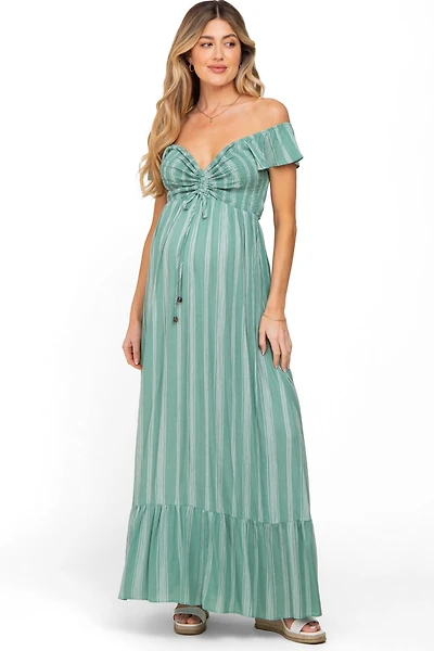 Pinkblush Maternity Green Striped Off Shoulder Front Tie Maxi Dress