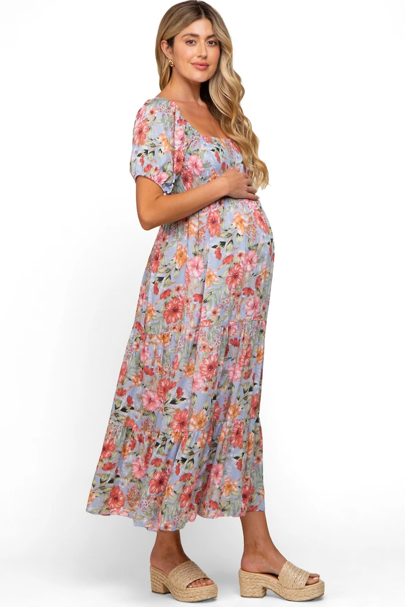 Pinkblush Maternity Blue Floral Smocked Square Neck Tiered Maxi Dress
