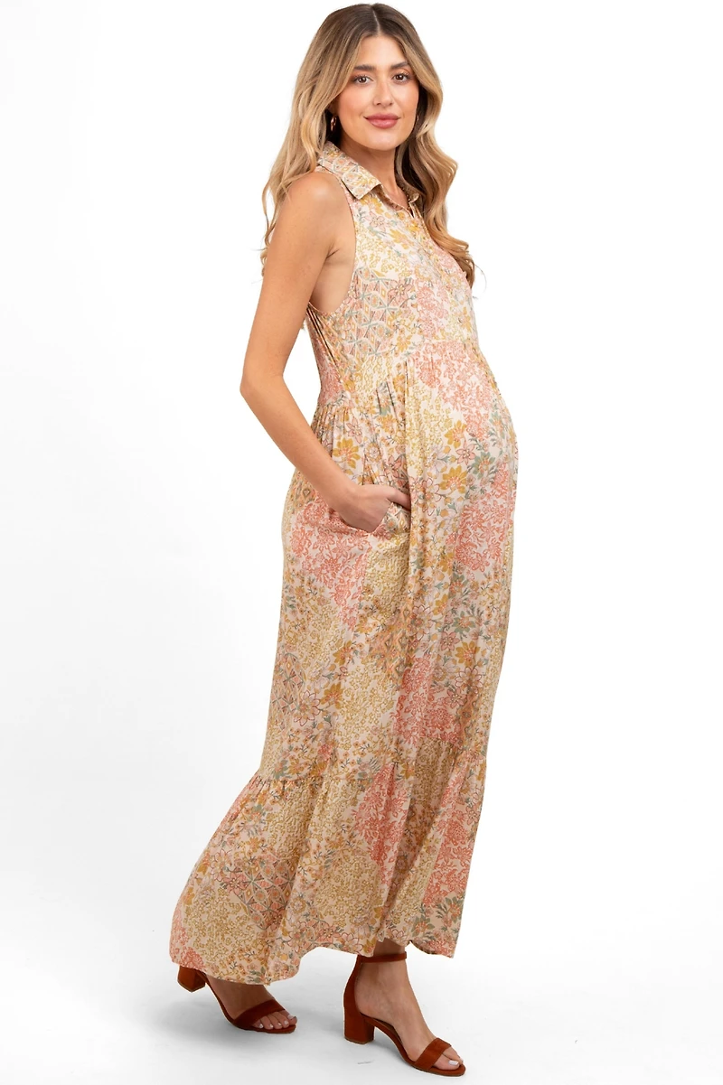 Pinkblush Maternity Peach Floral Sleeveless Button Tiered Collared Maxi Dress