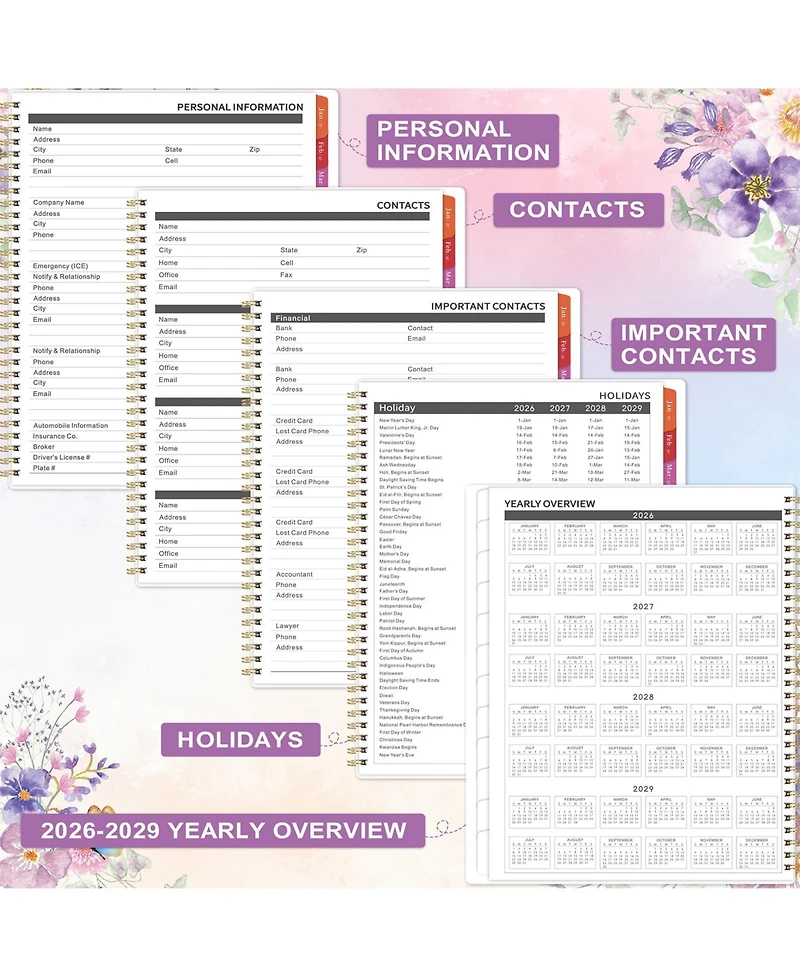 Gnuadz 2026-2029 Monthly Planner 3-Year Calendar Colorful Tabs Pocket