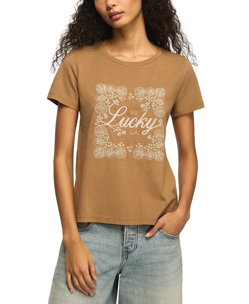 Lucky Brand Women's Lace-Detailed Floral Frame Motif T-Shirt
