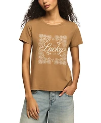 Lucky Brand Women's Lace-Detailed Floral Frame Motif T-Shirt