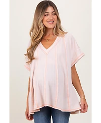 Pinkblush Maternity Peach Striped Ribbed V-Neck Oversized Short Sleeve Top