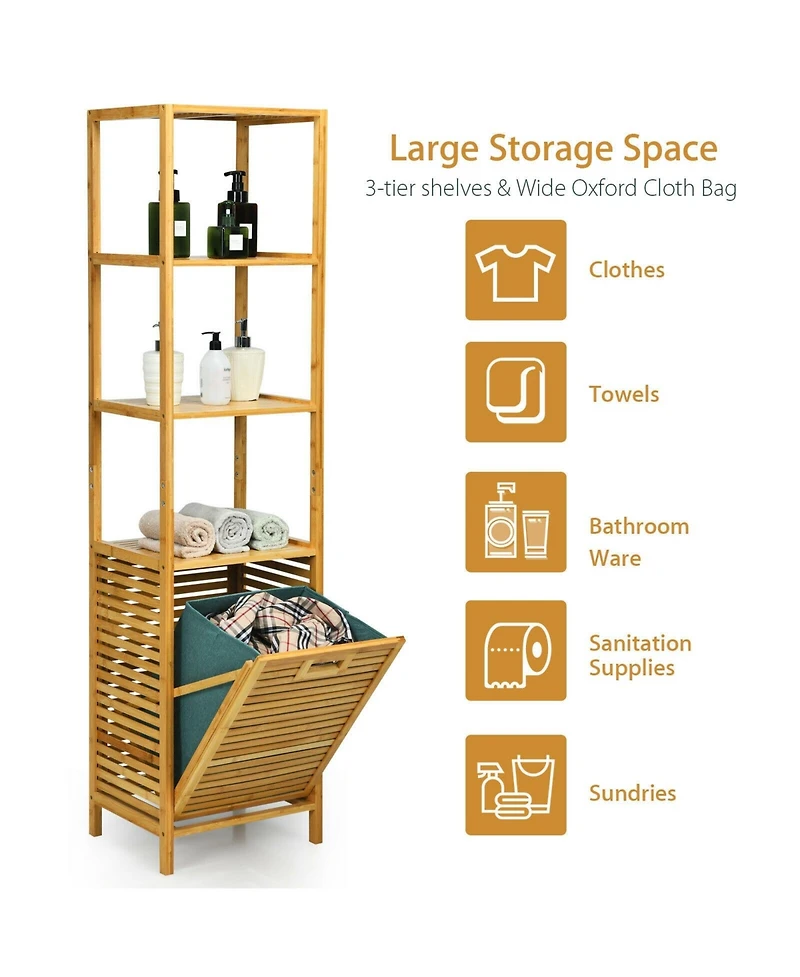 sumyeg Bamboo Tower Laundry Hamper Organizer with 3-Tier Storage Shelves