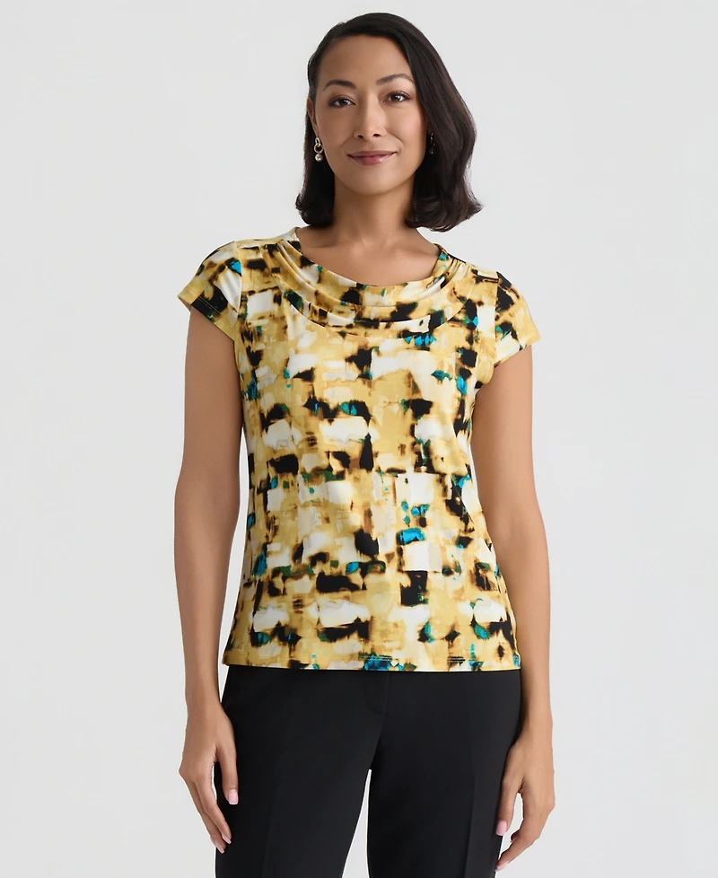 Kasper Women's Printed Short-Sleeve Cowlneck Top, Regular & Petite