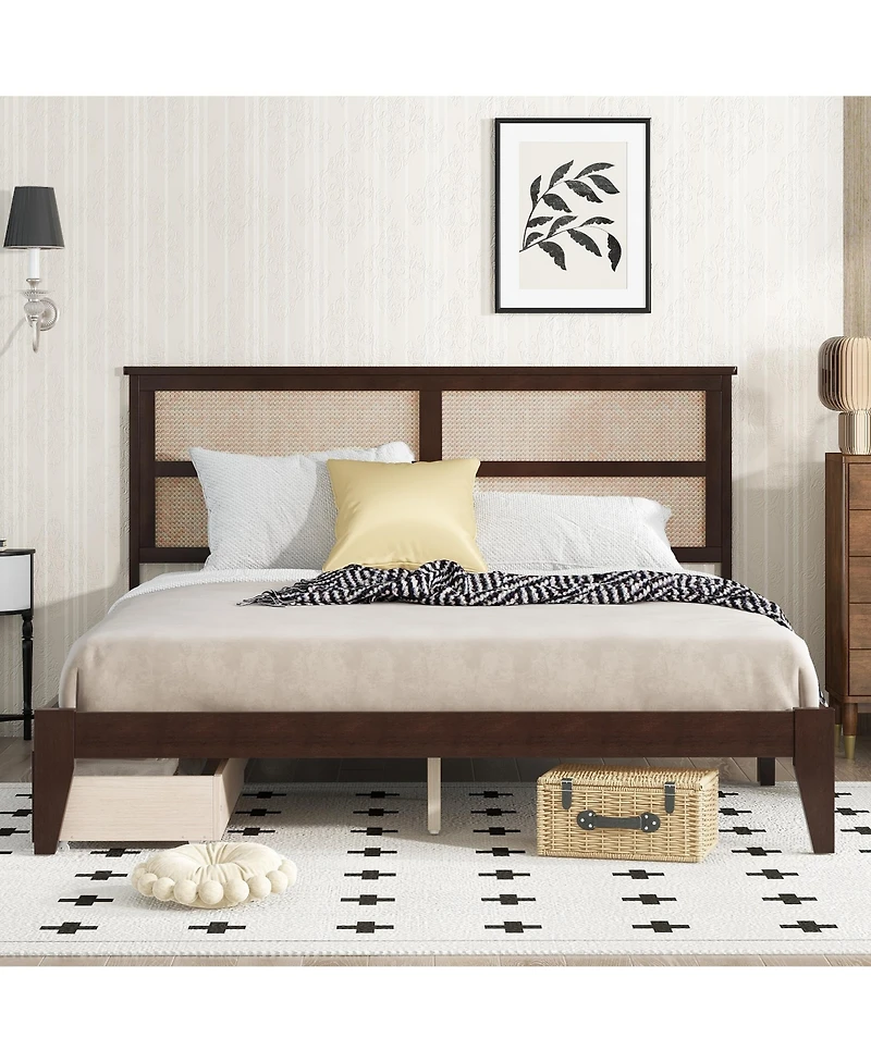 Sailvan Bed with Rattan Headboard, 2 Drawers