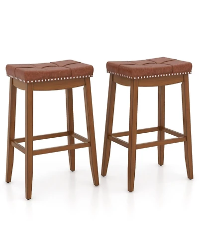 Sugift 29 Inch Set of 2 Upholstered Pu Leather Bar Stools with Saddle Seat
