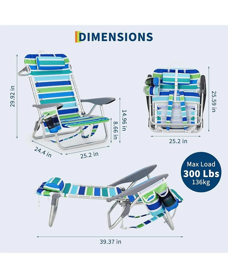 Xo 2 Pack Lightweight Portable Backpack Beach Chair for Adults with 5 Positions, Backpack Straps, Phone Pocket