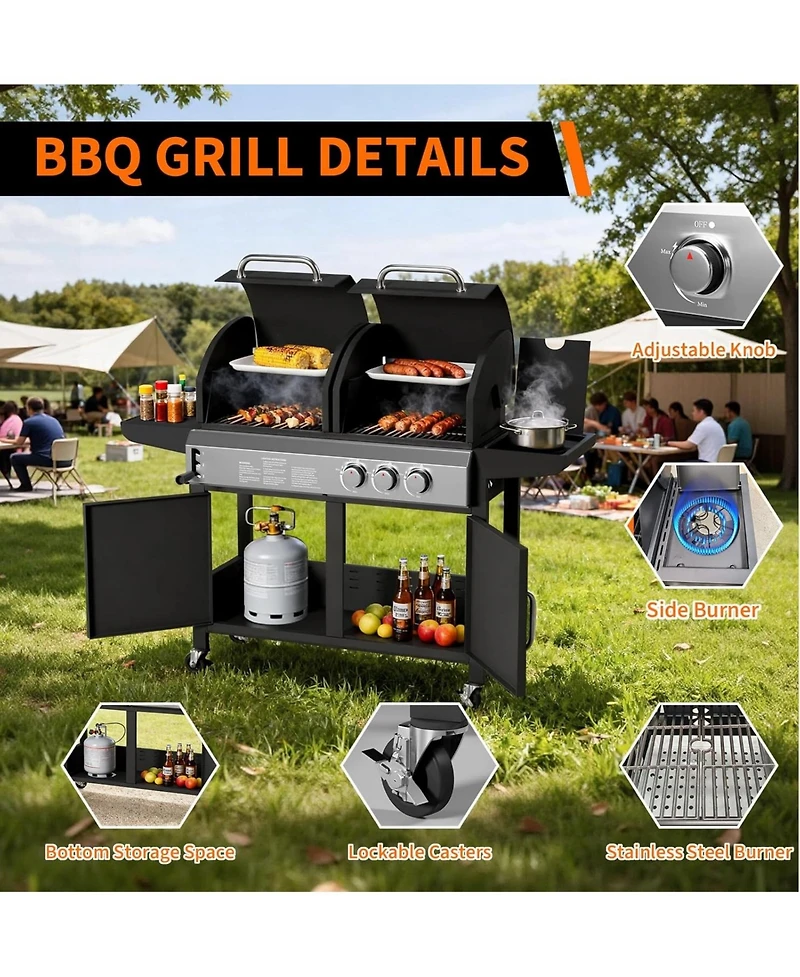 Xo Propane Gas and Charcoal Grill Combo, 3 Burner Dual Fuel Bbq with Side Burner, Wheels Cabinet