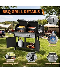 Xo Propane Gas and Charcoal Grill Combo, 3 Burner Dual Fuel Bbq with Side Burner, Wheels Cabinet