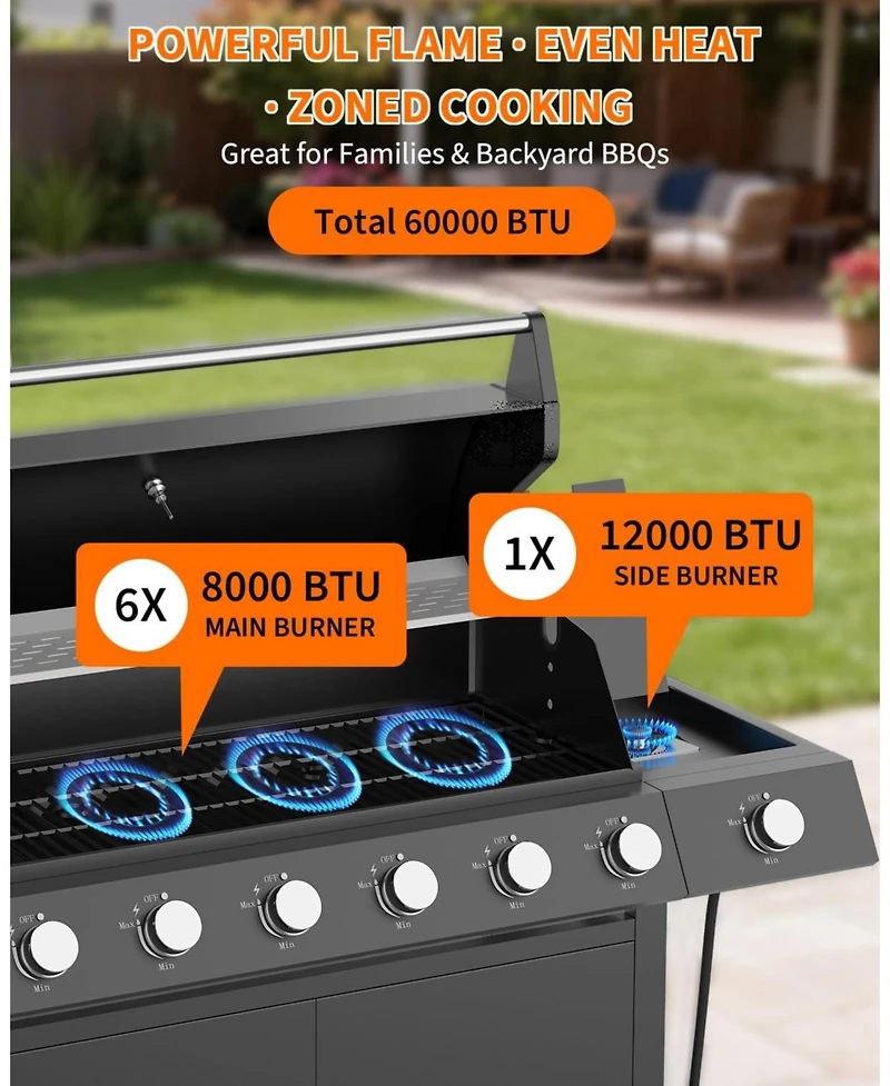 Xo 6-Burner Propane Gas Grill with Side Burner, Cast Iron Grates, Cabinet for Patio Backyard Bbq