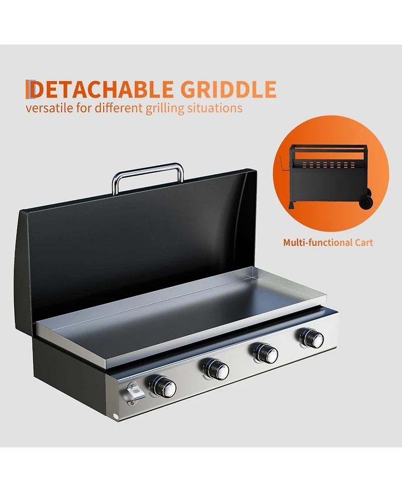 Xo 4-Burner Propane Gas Grill, 32,000 Btu Bbq with Wheels, Side Shelves for Camping Patio