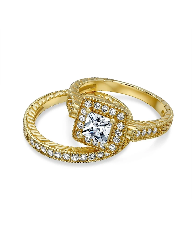 Bling Jewelry Art Deco Style Cubic Zirconia Halo Cz Square Princess Cut Solitaire Ring Set with Band Sterling Silver