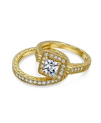 Bling Jewelry Art Deco Style Cubic Zirconia Halo Cz Square Princess Cut Solitaire Ring Set with Band Sterling Silver
