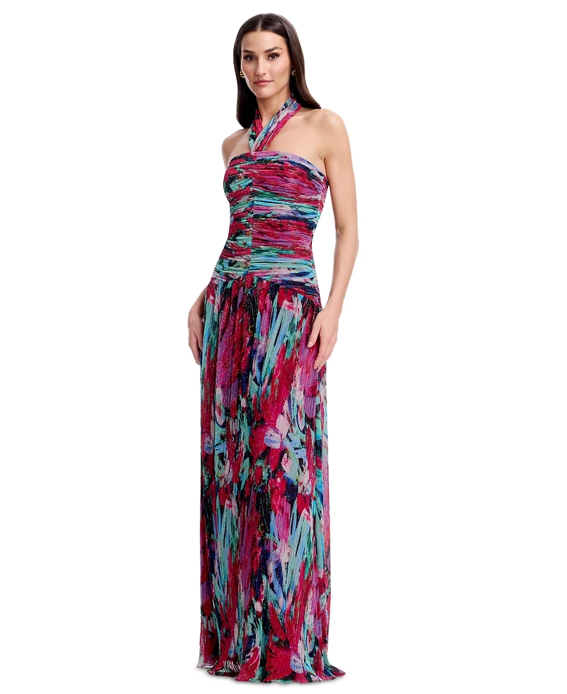 Dress the Population Women's Printed Halter Neck Ruched Drop Waist Gown