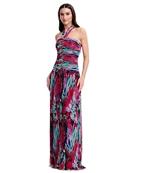 Dress the Population Women's Printed Halter Neck Ruched Drop Waist Gown