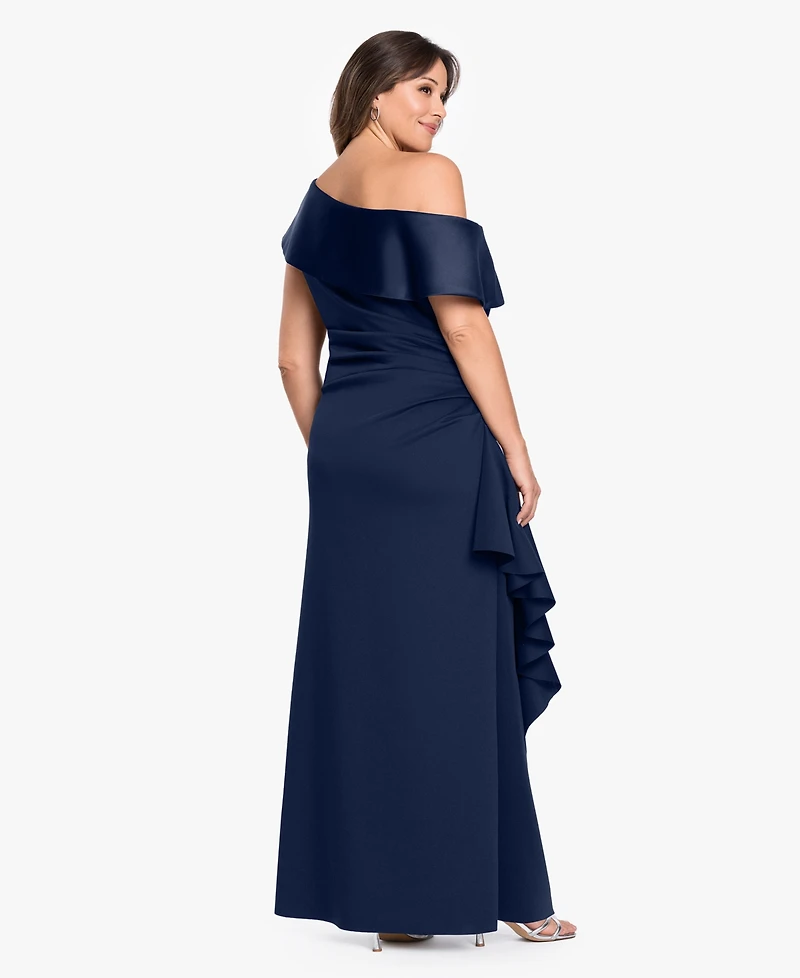 Betsy & Adam Plus Asymmetrical Off-The-Shoulder Ball Gown