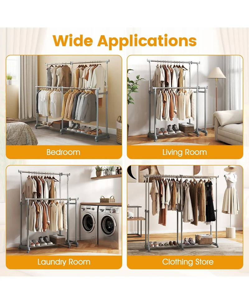 Gouun Adjustable Double Rod Garment Rack with Casters