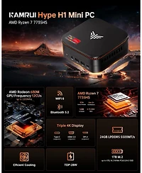 Kamrui Hyper H1 Mini Gaming Pc, Amd Ryzen 7 7735HS 24GB LPDDR5 1TB NVMe Ssd, Triple 4K, WiFi6/BT5.2 Mini Desktop Pc