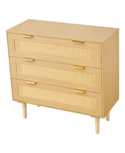 Gouun Drawer Rattan Dresser with Metal Handles and Wooden Legs