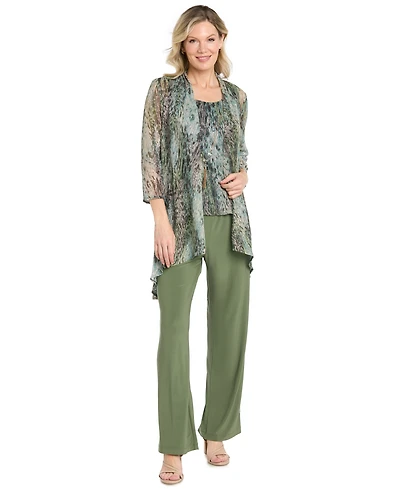 R & M Richards Women's 3 Piece Animal Print Metallic Crinkle Duster Pantsuit