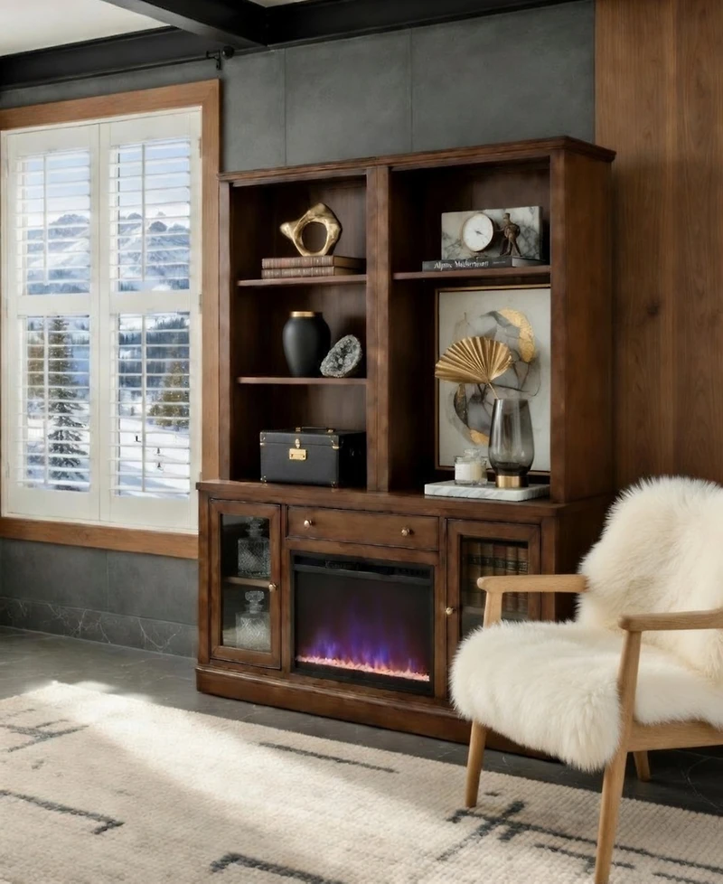 Amren 65" Wood 2 Door Console with Fireplace and two Open Hutches