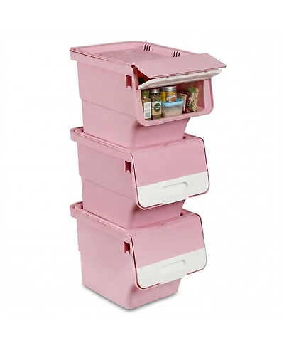 Sugift 3-Piece Stackable Plastic Storage Bins with Stay-Open Lids and Wheels