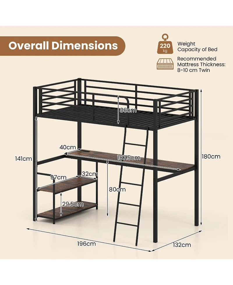 Costway Loft Bed with Desk and Shelves, Heavy Duty Bed Frame with Charging Station