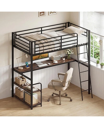 Costway Loft Bed with Desk and Shelves, Heavy Duty Bed Frame with Charging Station