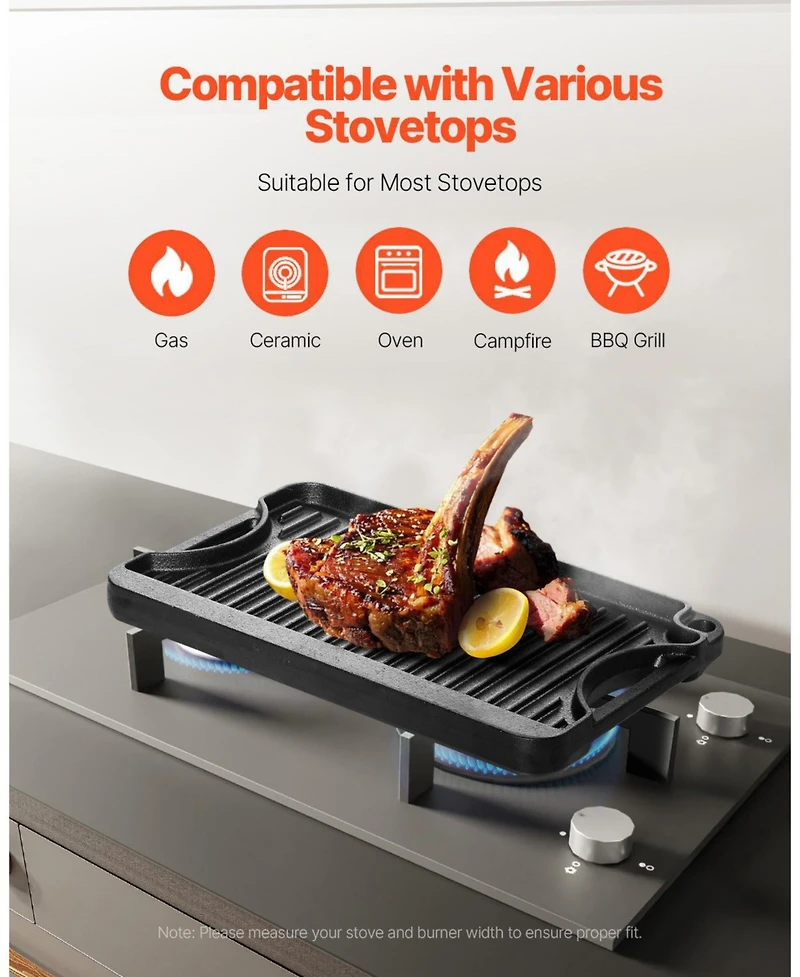 Mecale Reversible Cast Iron Grill/Griddle, 14" x 8.5", Pre-Seasoned, Portable Pan with Handle, Indoor/Outdoor