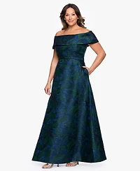 Xscape Plus Off-The-Shoulder Jacquard Ball Gown