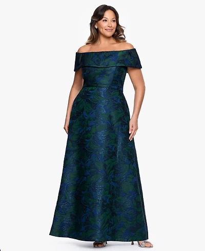 Xscape Plus Off-The-Shoulder Jacquard Ball Gown
