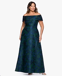Xscape Plus Off-The-Shoulder Jacquard Ball Gown