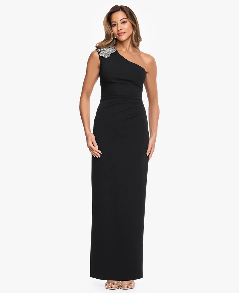 Xscape Petite One-Shoulder Scuba Crop Trim Sheath Gown