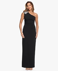Xscape Petite One-Shoulder Scuba Crop Trim Sheath Gown
