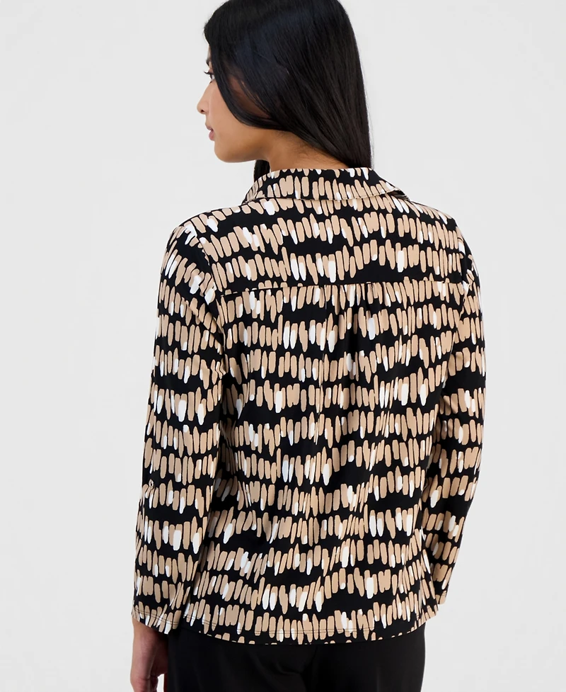 Anne Klein Essentials Petite Printed Collared 3/4-Sleeve Top