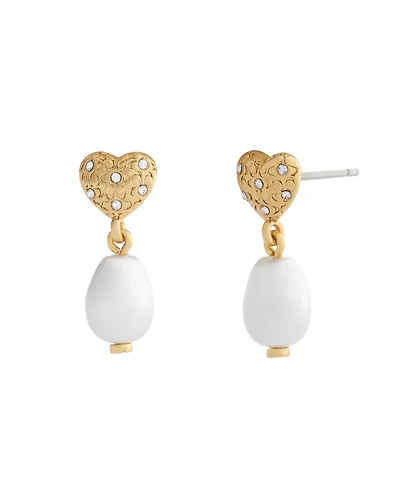 Coach Faux Stone Iconic Pearl Heart Drop Earrings