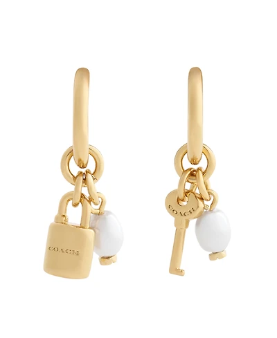 Coach Faux Imitation Pearl Iconic Lock Key Charm Huggie Earrings