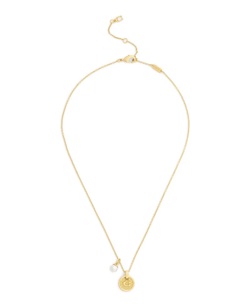 Coach Faux Imitation Pearl Signature C Textured Coin Pendant Necklace